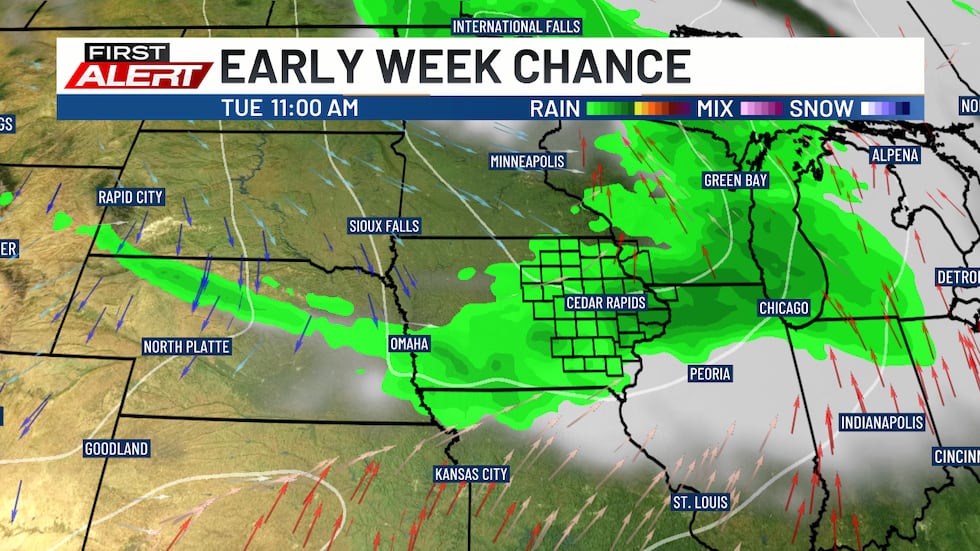 Tuesday Storm Chance - Storms develop overnight Monday night and continue into Tuesday