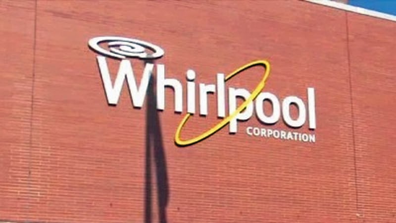 The company logo for Whirlpool Corporation on the front of its Amana production facility in an...