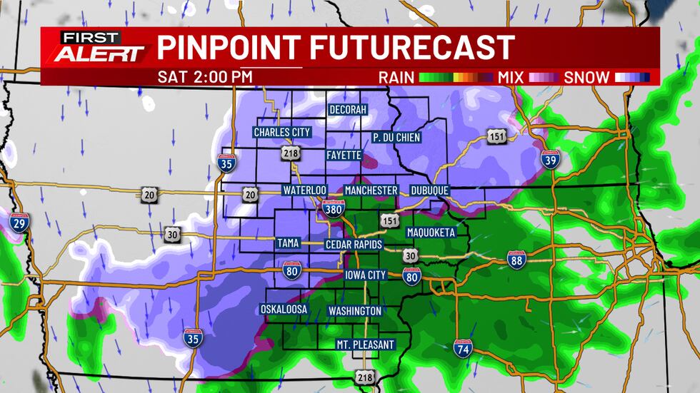 Pinpoint Futurecast - Snow will be mixing in through rain showers today