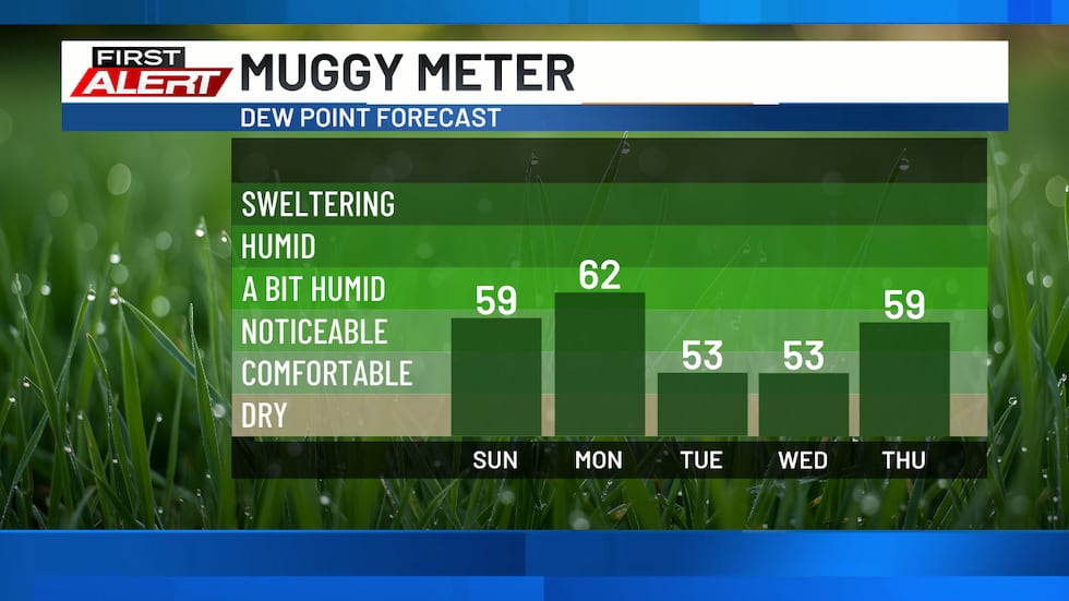 Muggy Meter - Sticky conditions on Monday and then again to end the workweek