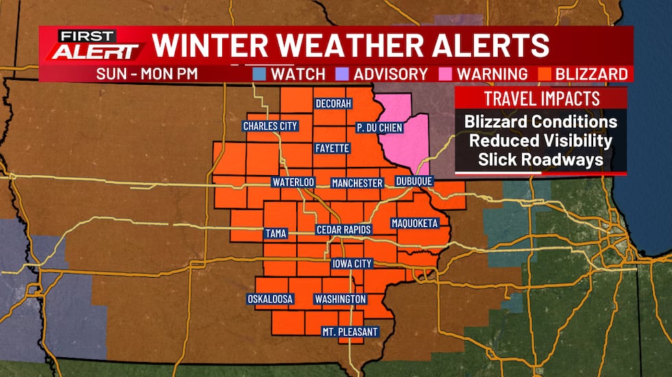 Winter Weather Alerts - Eastern Iowa is under a Blizzard Warning through Monday