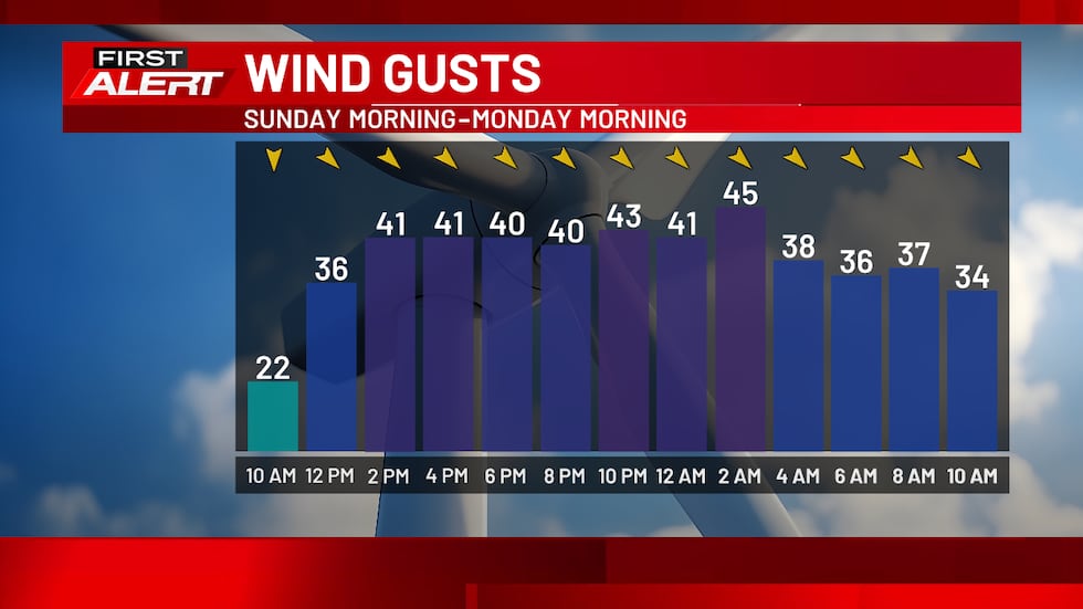 24-Hour Wind Gusts - Wind gusts up to 50 mph overnight