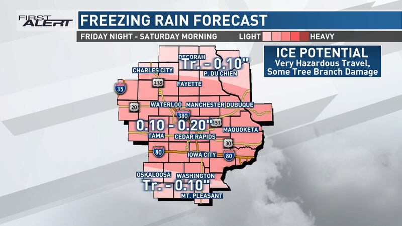 Forecast ice accumulation for Friday night into Saturday.