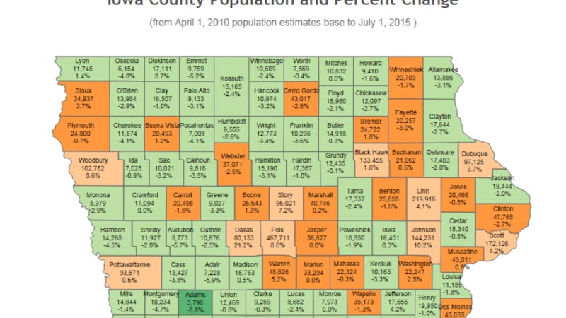 Iowa Statistics Map Census: Iowa Population Down in 71 counties, Urban Areas Up