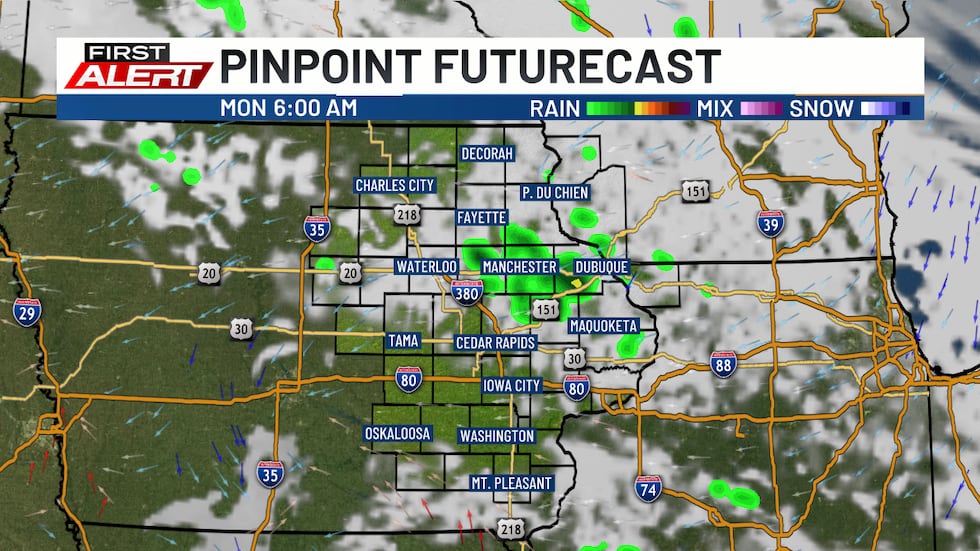 Pinpoint Futurecast - Scattered showers across northeastern Iowa on Monday morning