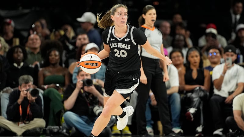 Las Vegas Aces guard Kate Martin (20) plays against the Indiana Fever during a WNBA basketball...