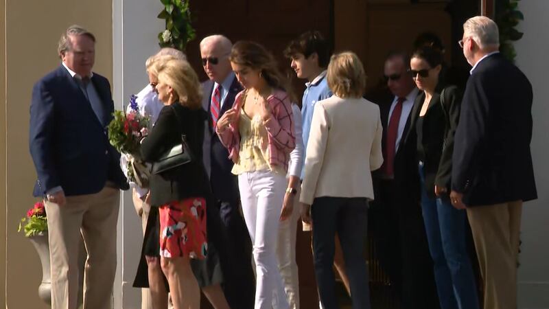 President Joe Biden is shown with first lady Jill Biden and other family members after a...