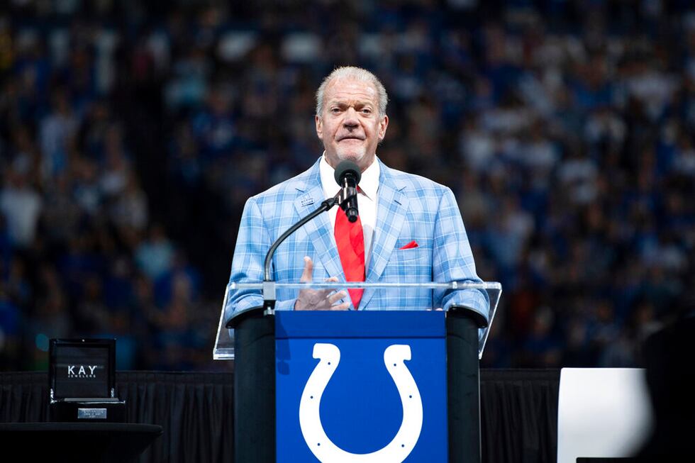 FILE -- Indianapolis Colts owner Jim Irsay talks during the Hall of Fame ring ceremony for...