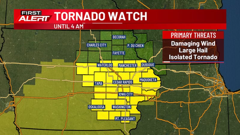 A Tornado Watch is in effect until 4:00a .m. for the shaded counties.