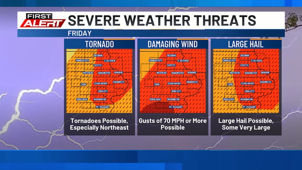 Individual threats from severe thunderstorms on Friday, April 17, 2026.