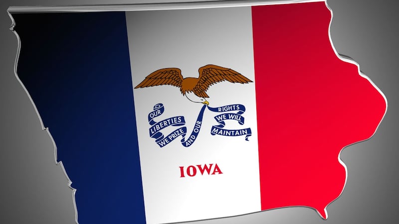 Iowa Flag on Map of the state of Iowa