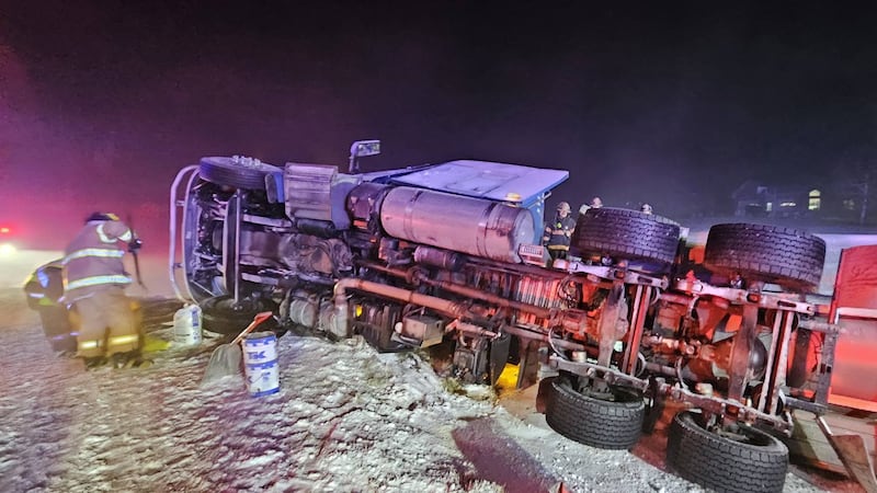 A tanker rolled over and spilled diesel oil fuel and liquid yeast off of Highway 1 in Jones...