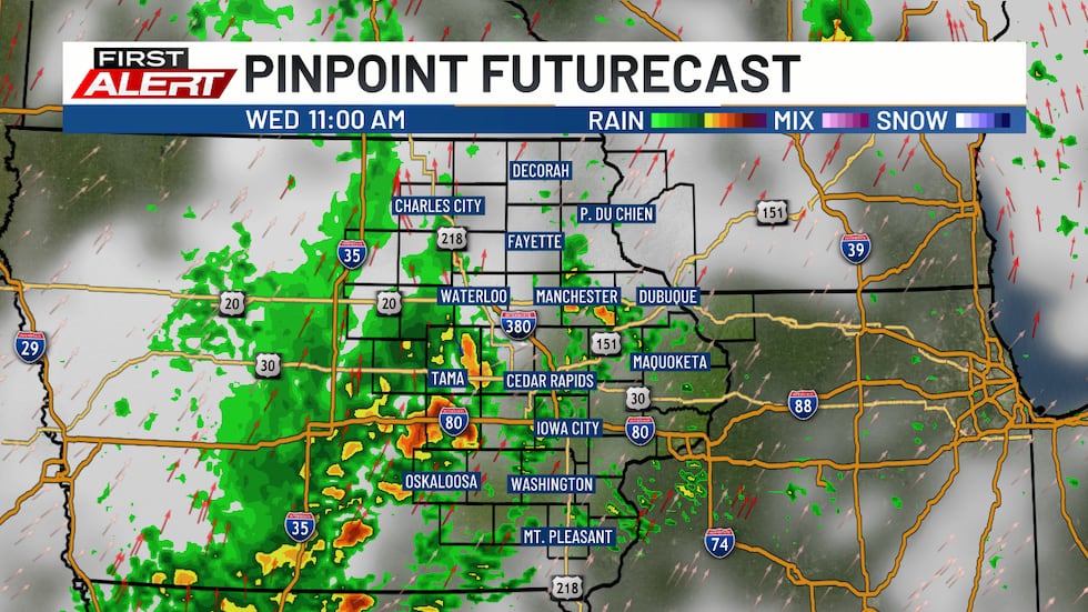 Scattered storms are possible in the late morning and early afternoon on Wednesday.