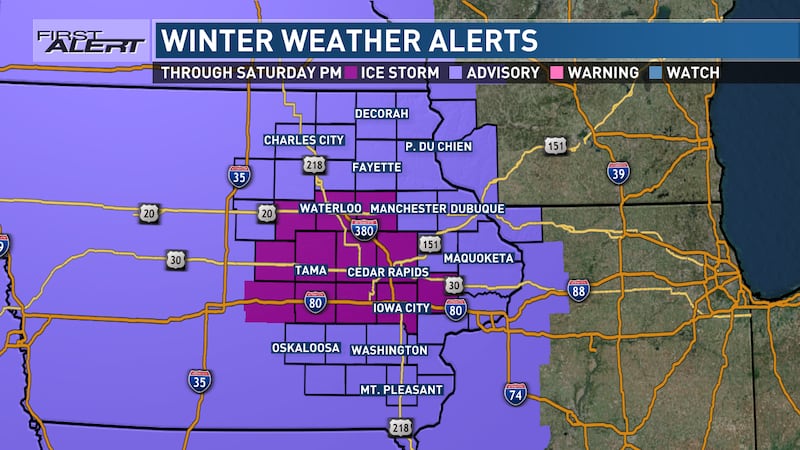 Winter weather alerts that are in effect for Friday night into Saturday.