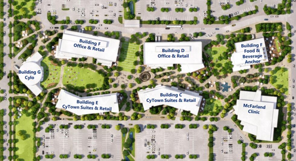 An aerial view of the proposed site plan for the CyTown development at Iowa State University....