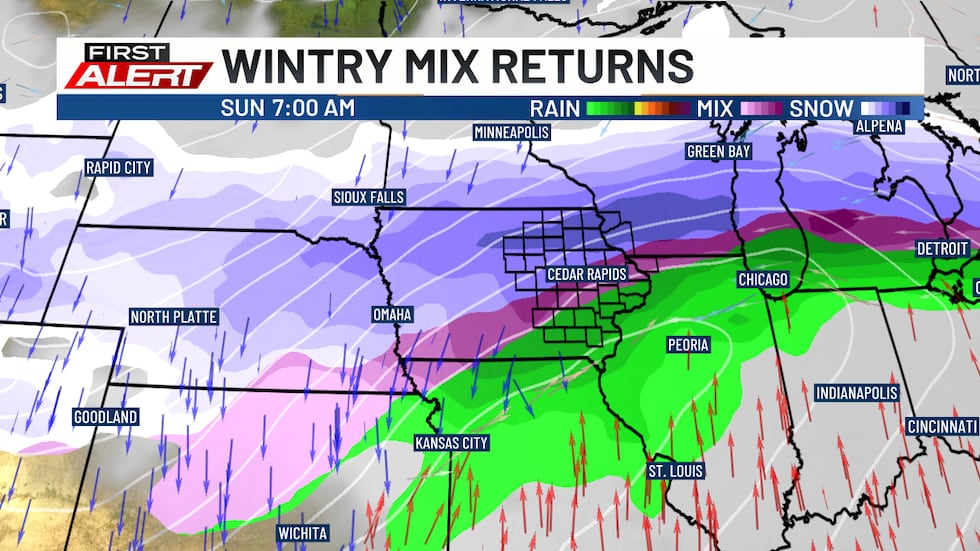A mix of rain and snow is likely on Sunday.
