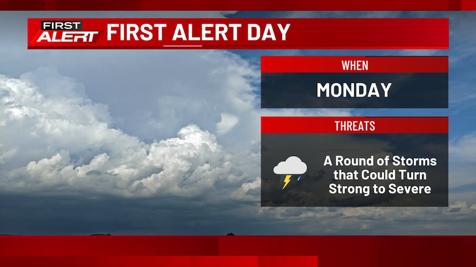 Monday is also a First Alert Day with another threat of strong to severe storms.