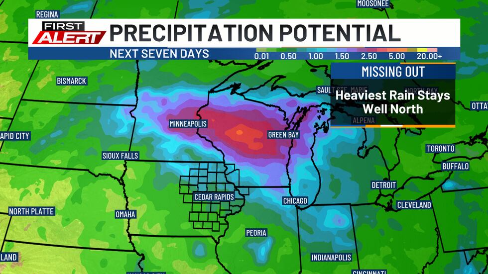 Potential rainfall totals during the seven-day period starting on Thursday, August 14, 2025.