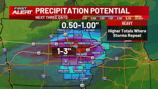 Potential rainfall amounts for the three-day period beginning on Tuesday, Sept. 8, 2026.