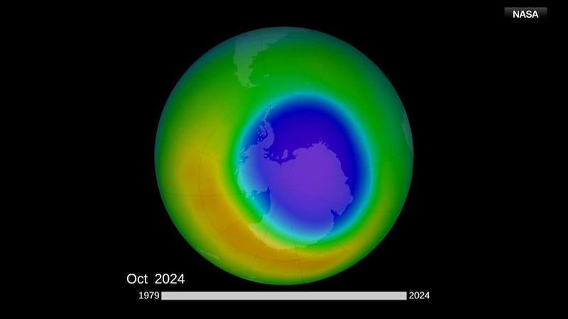 Images show maps of the ozone layer through the years.